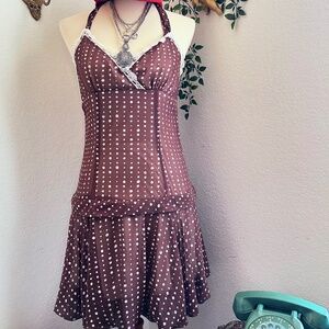 Vintage Hot Kiss Polka Halter Dress Brown Small